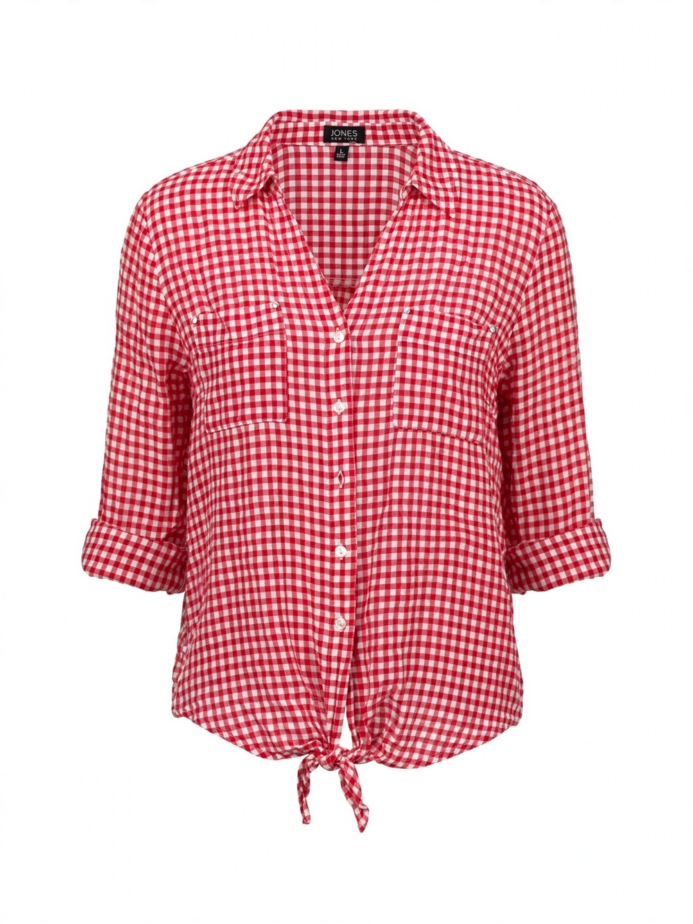 Jones New York Red Gingham Tie-Front Button Shirt Large